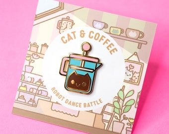 French Press Coffee Cat Enamel Pin, Cute Cat Enamel Pin, Cat Lover Gifts