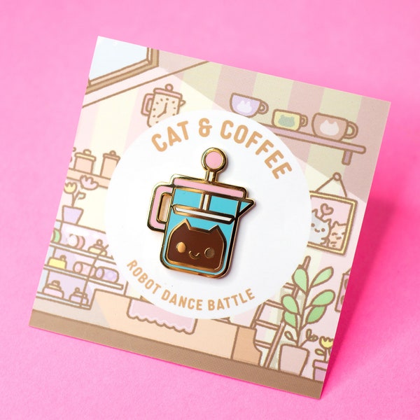 French Press Coffee Cat Enamel Pin, Cute Cat Enamel Pin, Cat Lover Gifts