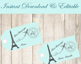 Editable-Paris Favor Tags, Paris Theme Favor Tags, Bridal Shower Favor Tags, Baby Shower, Wedding Favor Tags, Paris Party Thank You Tags