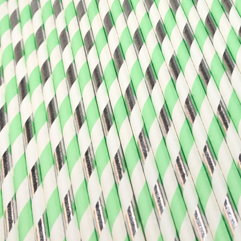 Mint and Silver Party Baby Shower Straw Mint and Silver Straws Wedding Decor Mint and Silver Striped Straws Engagement Party Decor