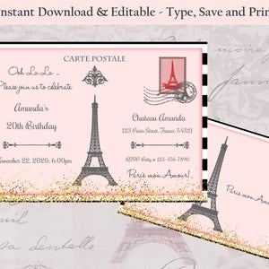 Invitación de postal de París editable de doble cara, invitación temática de París, invitación de despedida de soltera, boda de París, despedida de soltera, francés