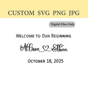 Pode incluir: Um design de arquivo digital com o texto "CUSTOM SVG PNG JPG" no topo. O design inclui as palavras "WELCOME TO OUR BEGINNING", os nomes "Allison & Ethan" com um coração e a data "OCTOBER 18, 2025".