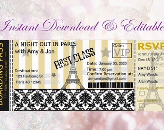 Editable-Boarding Pass Invitation, Paris Theme Invitation, Bridal Shower Invitation, Baby Shower, Wedding Invitation, Bachelorette, Birthday