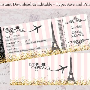 Invitación de tarjeta de embarque de doble cara editable, invitación temática de París, invitación de despedida de soltera, invitación de boda, despedida de soltera, cumpleaños