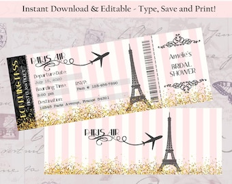 May include: Printable bridal shower invitation in the shape of a boarding pass with a pink and white striped background. The invitation features a black and white illustration of the Eiffel Tower and an airplane. The text on the invitation reads "Paris Air" and "Amelie's Bridal Shower".