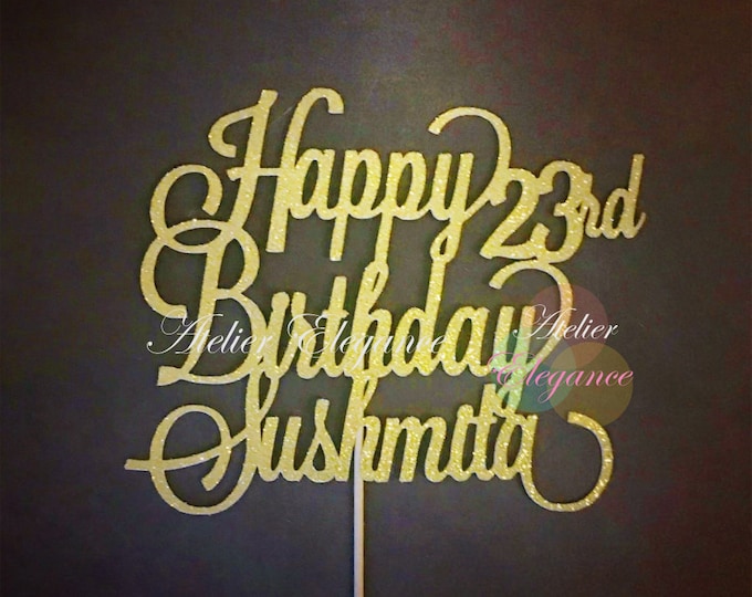 Happy 23rd Birthday Cake Topper - Black Gold Glitter Party Decorations