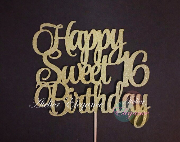 Ouligay Sweet 16 Cake Topper - Rose Gold Glitter 'Happy 16th Birthday' Decorations For Girls Party