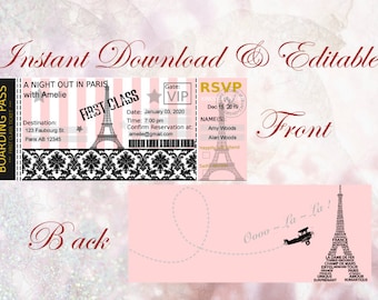 May include: A pink and white printable invitation with a boarding pass design. The invitation features a Parisian theme with an Eiffel Tower graphic and the text "A Night Out in Paris with Amelie".