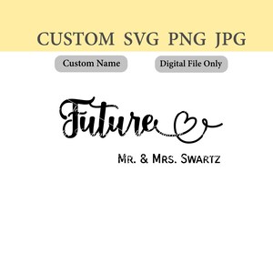 Op de afbeelding: Een zwart digitaal ontwerp op een witte achtergrond met het woord "Future" in een scriptlettertype, gevolgd door een hartsymbool. Daaronder staat "MR. & MRS. SWARTZ". De tekst bovenaan geeft aan dat het een aangepast SVG-, PNG- en JPG-bestand is.