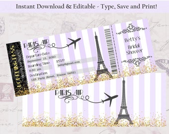 Editable-Double Sided Boarding Pass Invitation, Paris Theme Invitation, Bridal Shower Invitation, Wedding Invitation, Bachelorette, Birthday