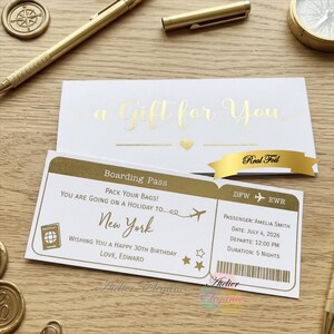 Foil Gift Voucher, Custom Flight Ticket Gift & Cover, Holiday Travel Voucher, Birthday, Any Name Date Event, Gold Foil, Surprise Reveal,GVT3