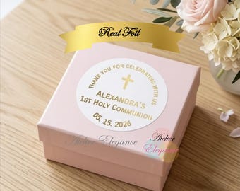Foil Label, Round Label, Custom First Holy Communion Label, Any Name, Date, Customized, Thank you for Celebrating with us, Favor, TYCFHCND1