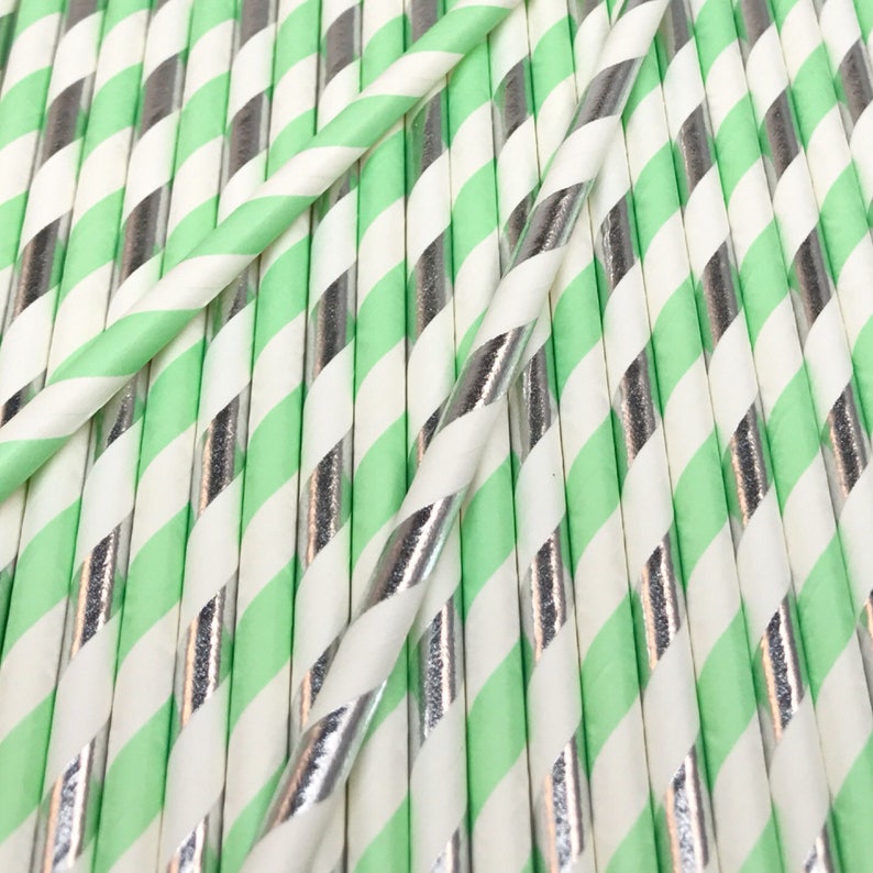 Mint and Silver Party Baby Shower Straw Mint and Silver Straws Wedding Decor Mint and Silver Striped Straws Engagement Party Decor