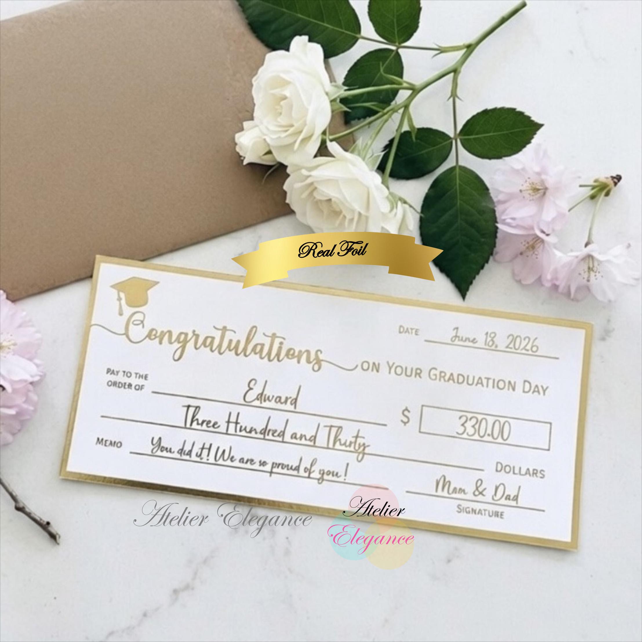 Graduation Cheque Foil Wedding Gift Cheque, Custom Money Cash Gift Card, Graduation ...