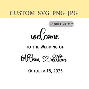 Könnte beinhalten: Ein digitales Dateidesign für ein Hochzeitsschild. Das Schild lautet "welcome" in Schreibschrift, gefolgt von "TO THE WEDDING OF Allison & Ethan" und dem Datum "OCTOBER 18, 2025". Der Text ist schwarz auf weißem Hintergrund.