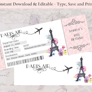 Editable-Double Sided Boarding Pass Invitation, Paris Theme Invitation, Bridal Shower Invitation, Wedding Invitation, Bachelorette, Birthday