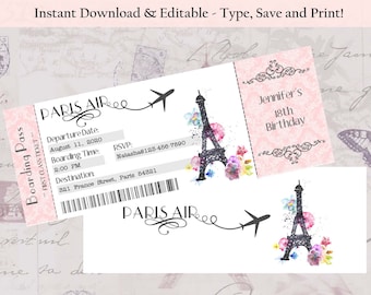 Editable-Double Sided Boarding Pass Invitation, Paris Theme Invitation, Bridal Shower Invitation, Wedding Invitation, Bachelorette, Birthday