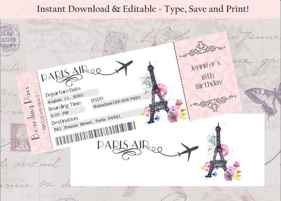 Editable Double Sided Boarding Pass Invitation Paris Theme Etsy