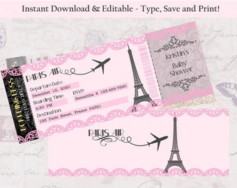 Editable-Double Sided Boarding Pass Invitation, Paris Theme Invitation, Bridal Shower Invitation, Wedding Invitation, Bachelorette, Birthday