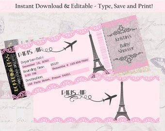 May include: A pink and black printable baby shower invitation with a boarding pass design. The invitation features a plane flying over the Eiffel Tower and the text "Paris Air" and "Kristin's Baby Shower".