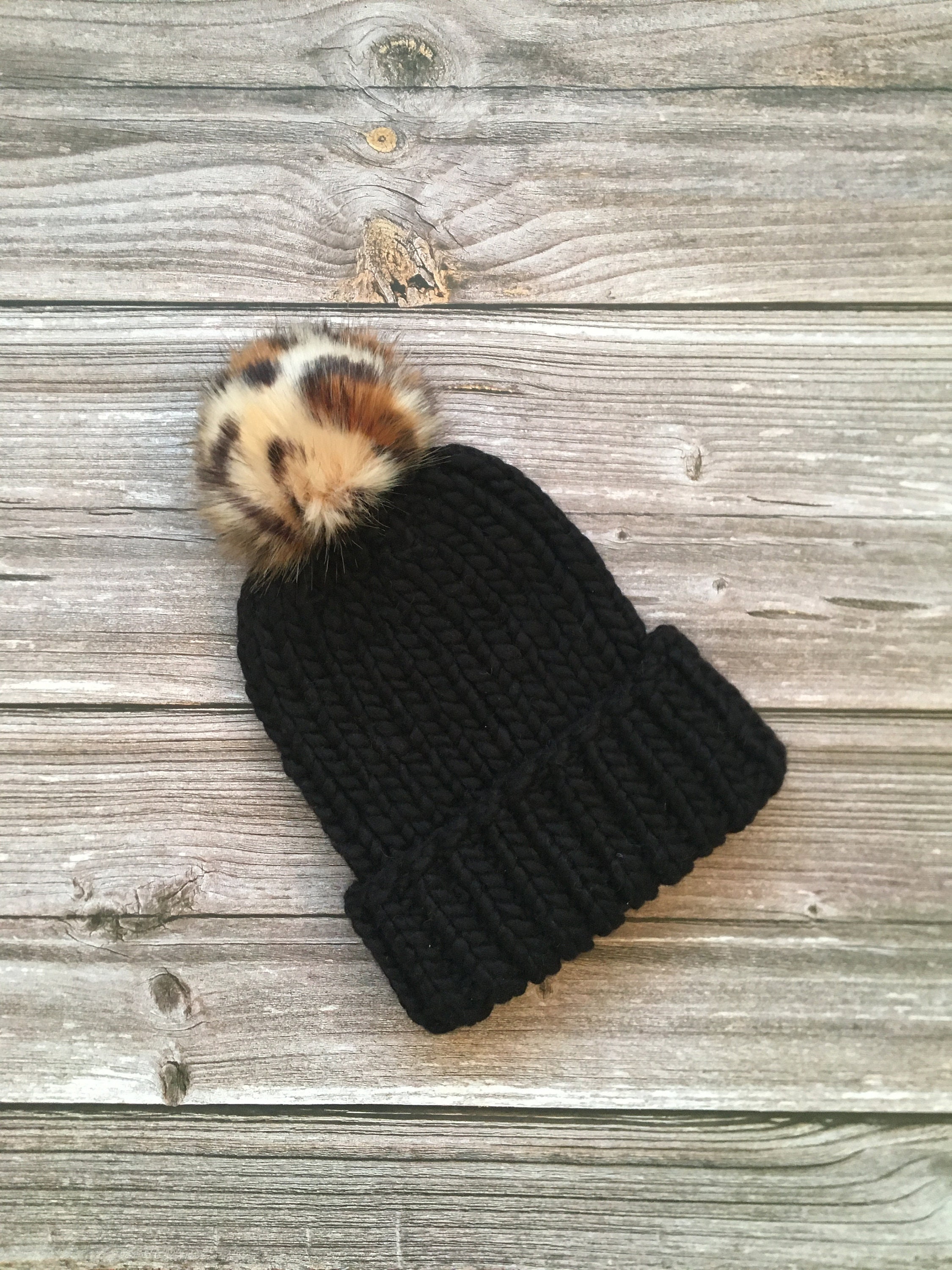 Knit Hat Black Beanie With Tan Pom Pom Luxury Handmade Chunky And
