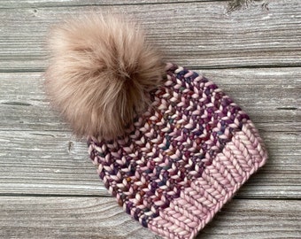 Luxury Handmade Super Soft Merino Wool Pink Stripe Textured Pom Pom Beanie Hat. Adult size