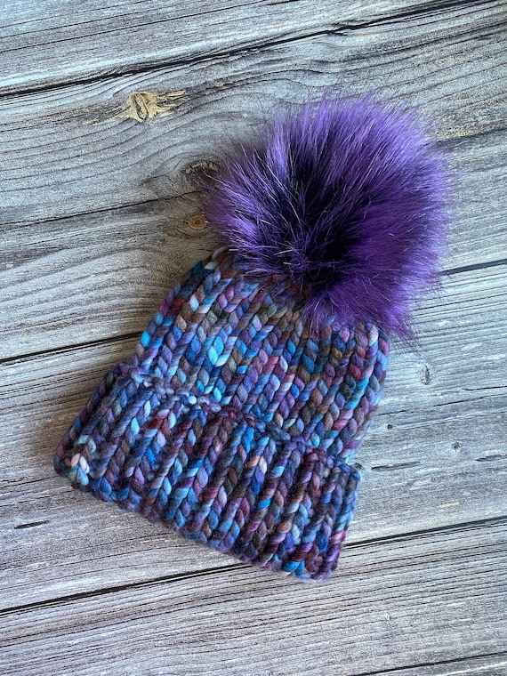 Purple Knit Pom-Pom Beanie mixed Wool Wholesale Plush Knit Pom Pom Beanie - Purple – Hadley Wren  main image 4