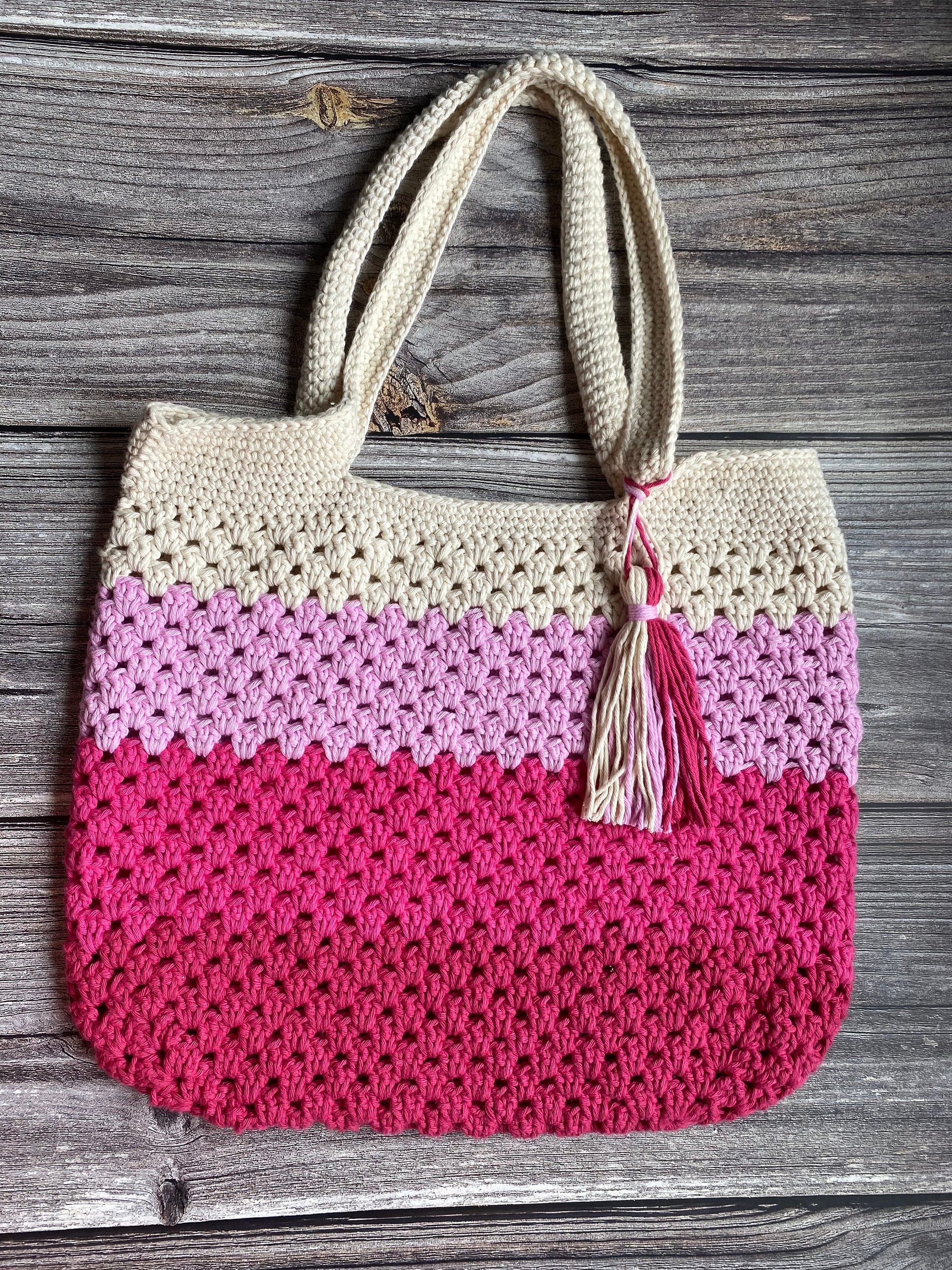 100%コットンのピンクストライプクロッシュトートバッグ、ハンドメイド