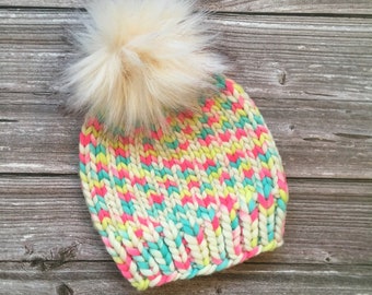 Luxury super soft Neon Brights Knitted Pom Pom Beanie Hat. Size Adult, perfect for gifts, bachelorettes, etc