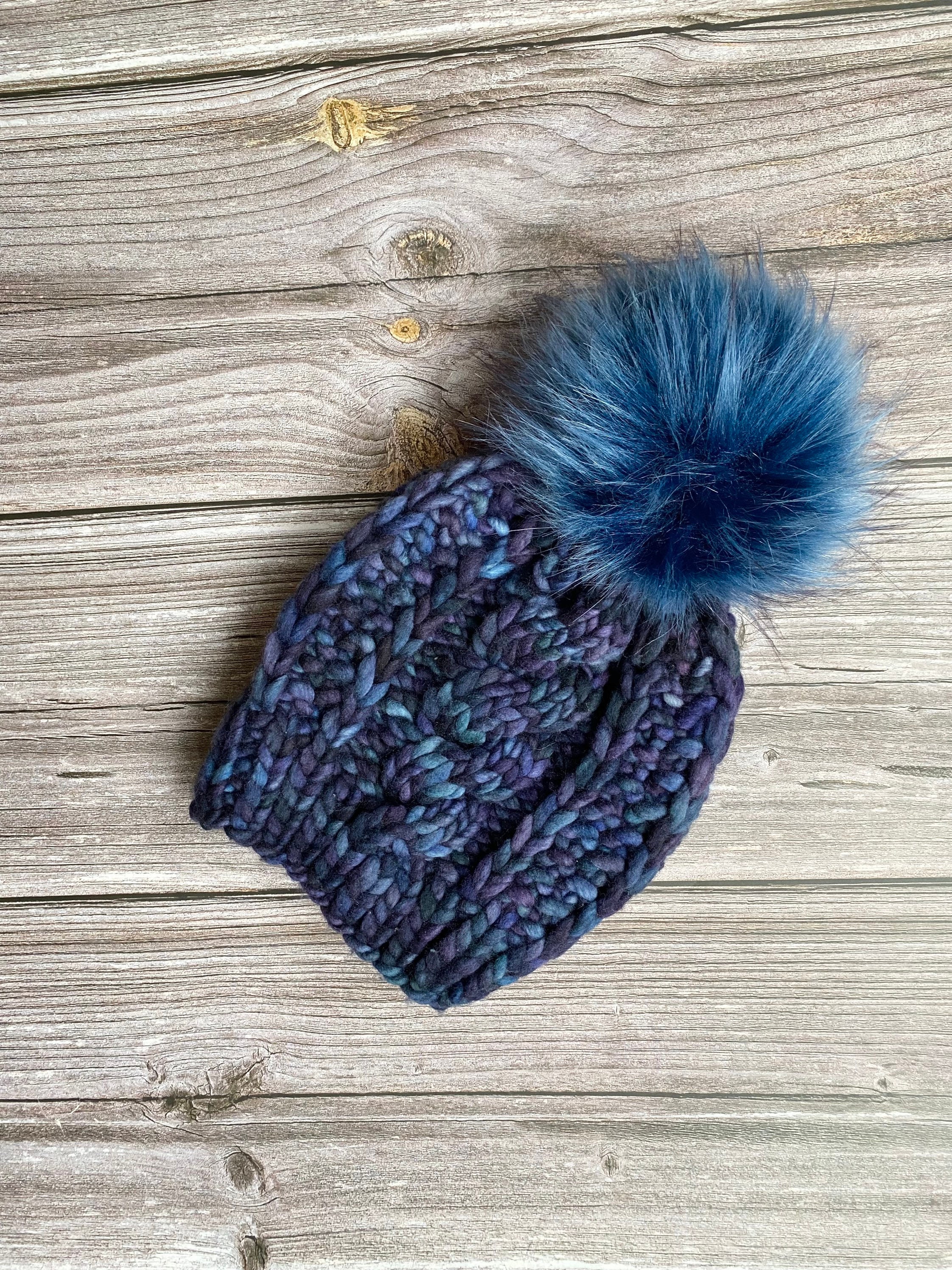 Blush Pink, Copper, & Blue Merino Wool Knit Hat with Faux Fur Pom