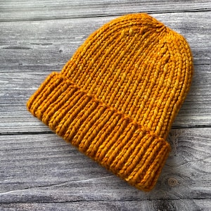 Hand knit Merino Wool Rib Beanie Hat in Sunset Orange