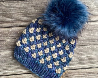 Luxury Handmade Merino Wool Knitted Pom Pom Beanie Hat in Azules Blue and Ivory. Adult size, perfect for gifts. Other sizes available
