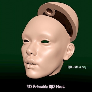 May include: A 3D printable BJD head in a neutral skin tone, with the top of the head separated. The image includes the text "BJD - STL & OBJ" and "3D Printable BJD Head."