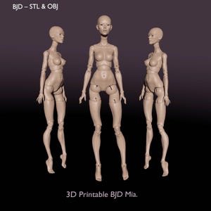 May include: Three beige-colored, articulated 3D-printed doll figures are displayed against a dark background. The dolls are in various poses, with the central figure standing upright. The text "BJD - STL & OBJ" and "3D Printable BJD Mia." are visible.