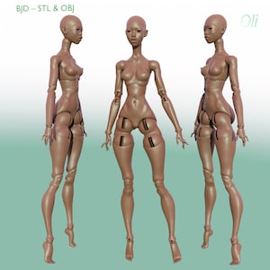 May include: Three brown articulated doll figures are displayed against a light green background. The dolls are nude, with a smooth, matte finish. The text "BJD - STL & OBJ" and "Oli" are visible.
