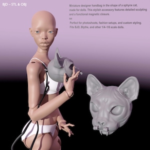 May include: A miniature gray handbag in the shape of a Sphynx cat, designed for dolls. The accessory features detailed sculpting and a magnetic closure. The handbag is shown with a doll wearing white lingerie.