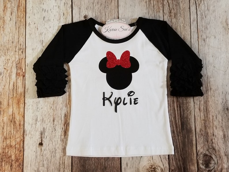 Minnie Mouse 4th Birthday Shirt Black /& White 34 sleeve Raglan Triple Ruffles Disney Inspired Shirt Sparkle Baby Girl Toddler