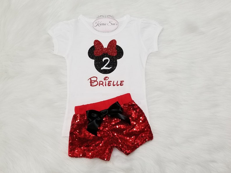Minnie Mouse 2nd Birthday Outfit Red /& Black Disney Princess Sequin Shorts Second Birthday Glitter Shine Sparkle Cake Smash