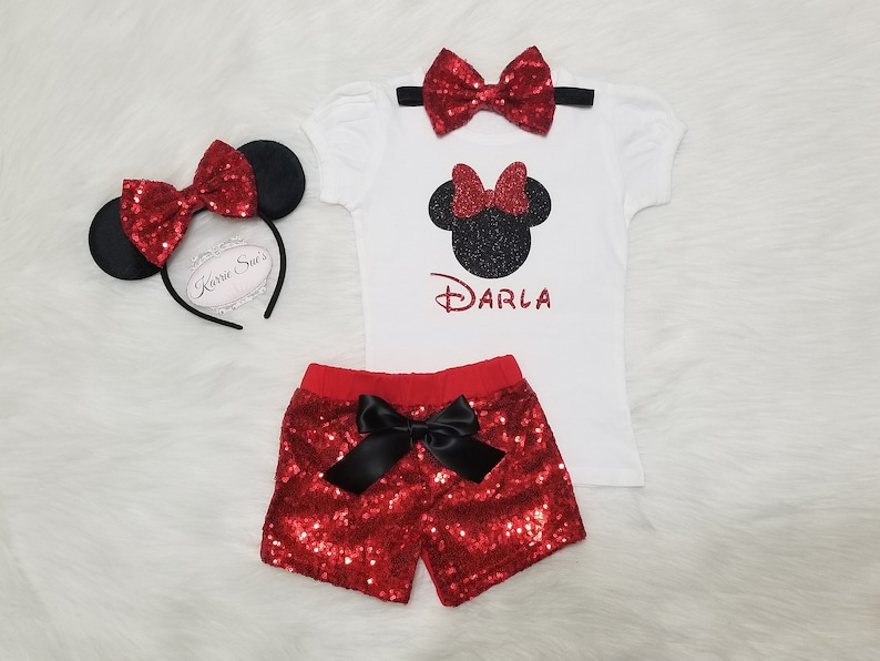Minnie Mouse 2nd Birthday Outfit Red /& Black Disney Princess Sequin Shorts Second Birthday Glitter Shine Sparkle Cake Smash