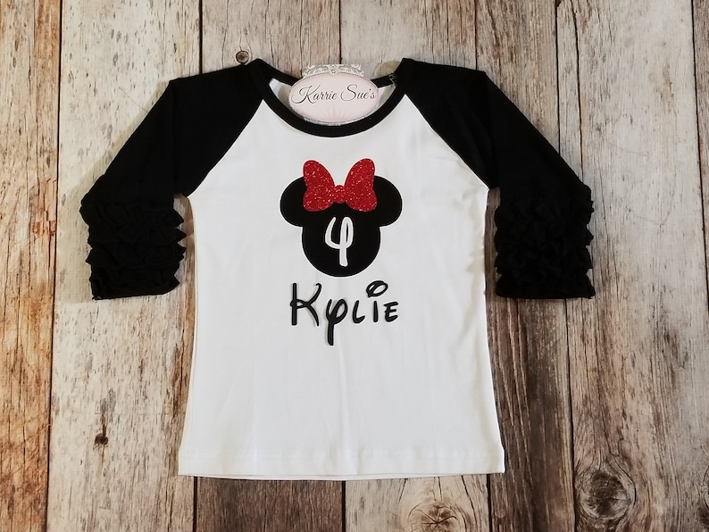 Minnie Mouse 4th Birthday Shirt Black /& White 34 sleeve Raglan Triple Ruffles Disney Inspired Shirt Sparkle Baby Girl Toddler