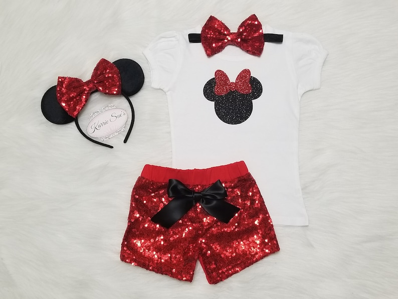 Minnie Mouse 2nd Birthday Outfit Red /& Black Disney Princess Sequin Shorts Second Birthday Glitter Shine Sparkle Cake Smash