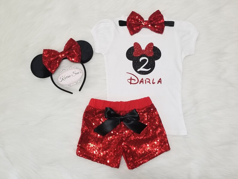 Minnie Mouse 2nd Birthday Outfit Red /& Black Disney Princess Sequin Shorts Second Birthday Glitter Shine Sparkle Cake Smash