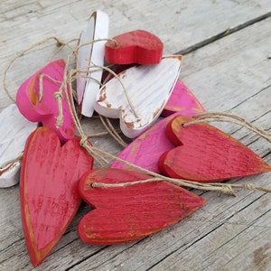 Rustic Valentine heart ornaments, barn wood hearts, SET OF 10,  Mini wood heart ornaments, Valentines Day,  red pink white heart ornaments