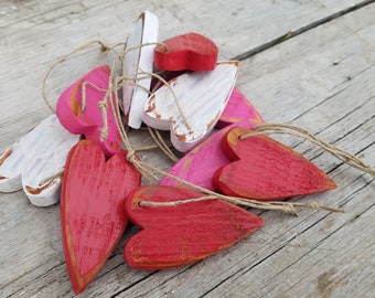 Rustic Valentine heart ornaments, barn wood hearts, SET OF 10,  Mini wood heart ornaments, Valentines Day,  red pink white heart ornaments