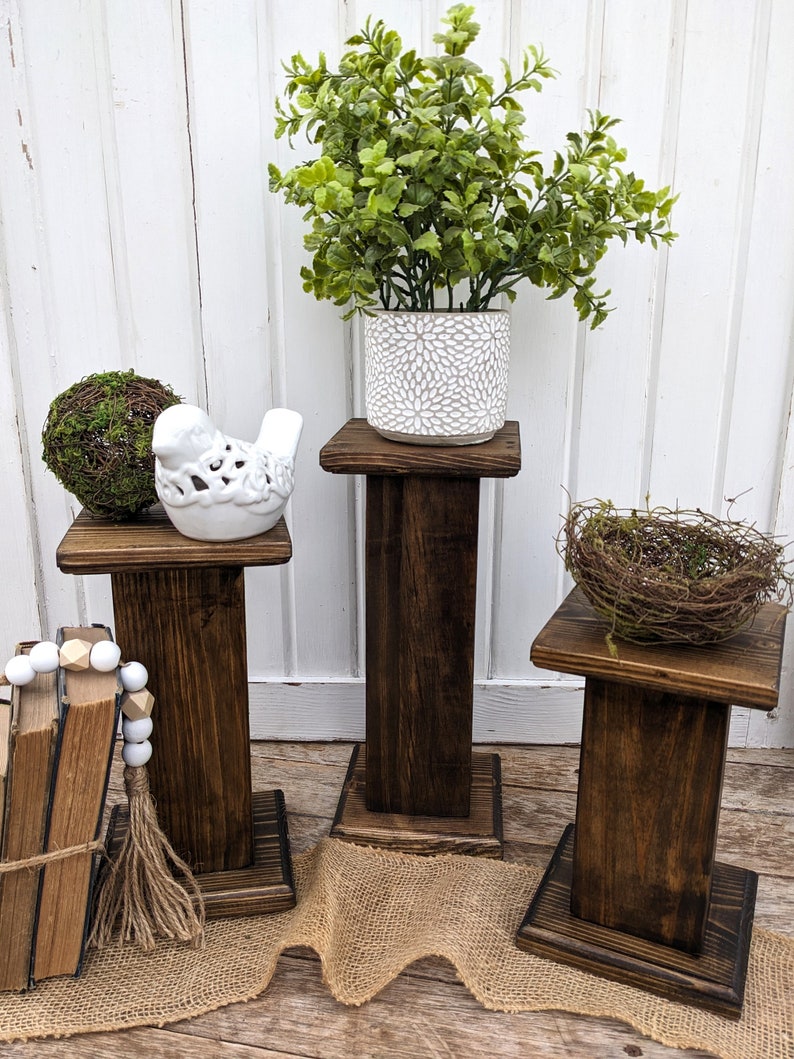 Wood pedestal risers, small plant risers, Walnut stained risers , black wood riser, candle holders, display, wedding decor riser image 3