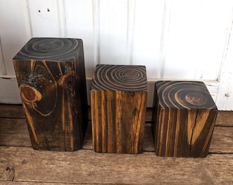 Set of 3, 7inch, 5inch, 4inch, Wood blocks, small plant risers, Walnut stained risers, small speaker stand, wood pedestal