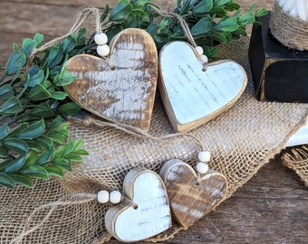 Rustic Valentine heart ornament,  Wedding wood hearts, Hanging heart, tier tray hearts, whitewashed hearts with beads