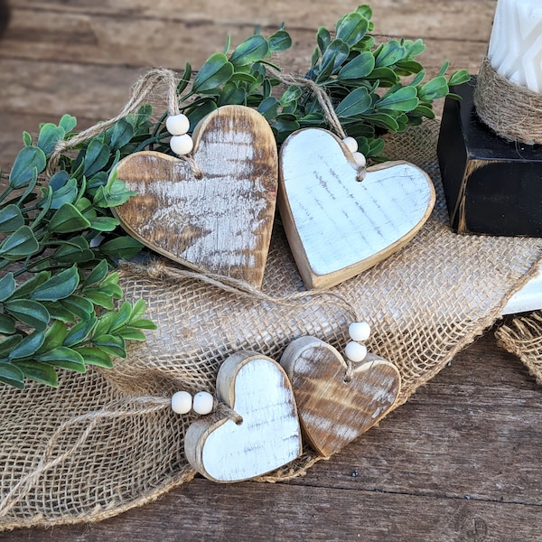 Rustic Valentine heart ornament,  Wedding wood hearts, Hanging heart, tier tray hearts, whitewashed hearts with beads