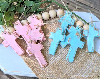 Mini Cross ornaments, rustic wood crosses,  first Communion, Pink, blue cross,  baby baptism ornaments, baptismal gifts