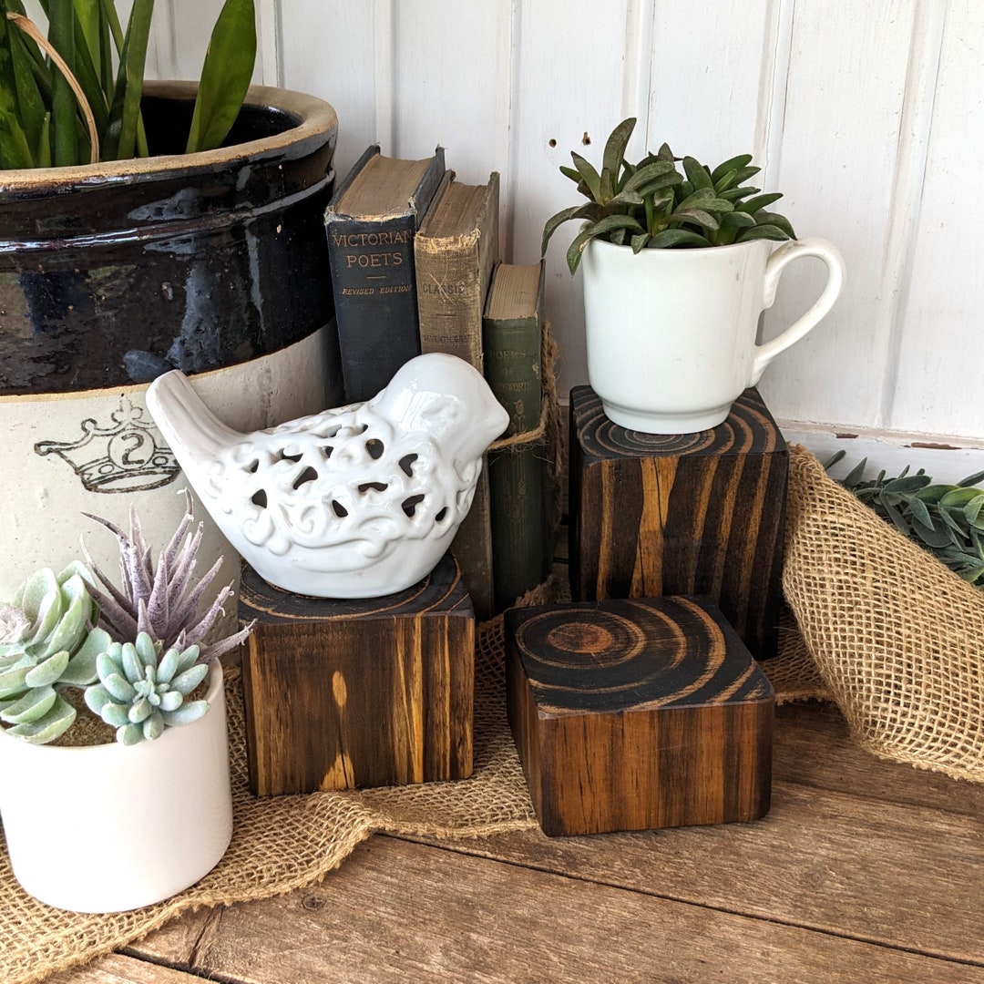Set of 3, Small Wood Block Risers, Rustic Black Plant Risers, Black ...
